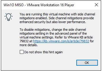 "You are running this virtual machine with side channel mitigations enabled" error
